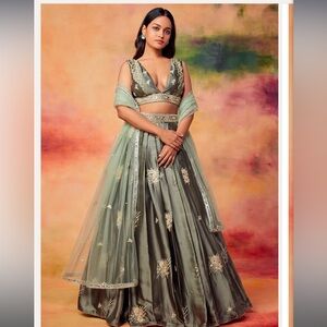 Lashkaraa - Dusty Olive Embroidered Satin Lehenga